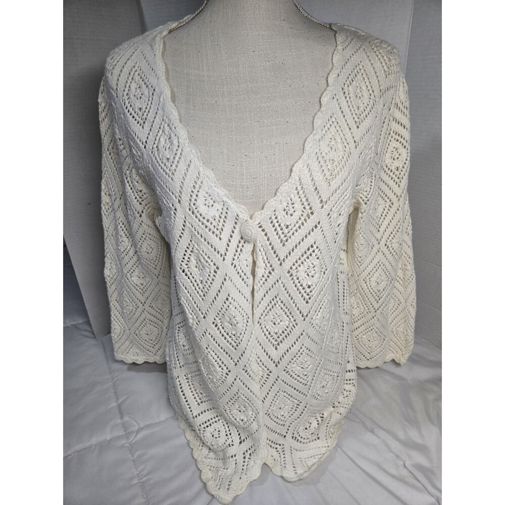 Vtg Christopher Bank Cardigan XL White Crochet Cotton Coastal Relaxed Luxury